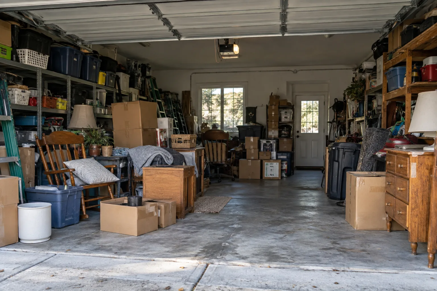 Boxes, old furniture, and shelving filling a residential garage